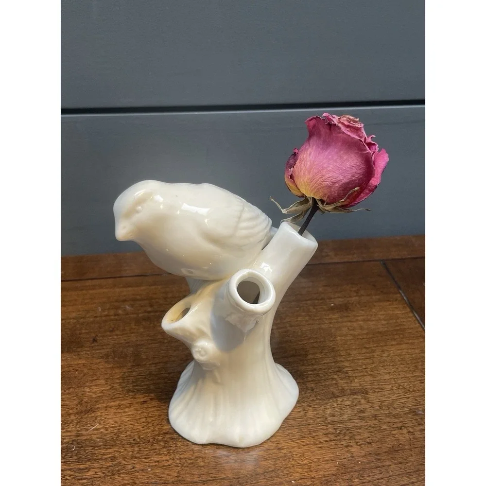 Bisque Porcelain Bird Flower White Vase Decor Dainty Size Collectible